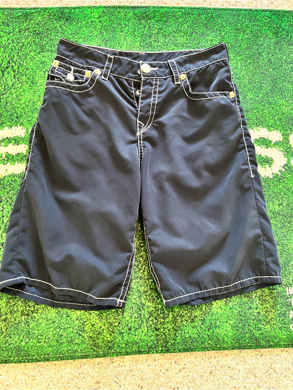 True Religion Men's Black Swim Trunks with White Stitching